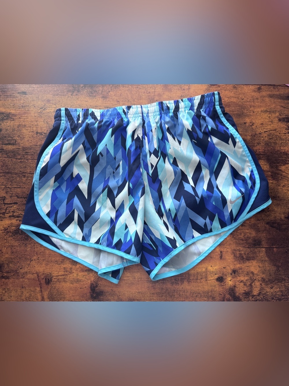 Nike Kids-Dri-Fit Blue Geometric Athletic Shorts-Large Blue & White
